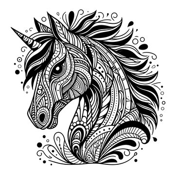 Hand drawn zentangle horse for adult coloring page, art therapy, mandala coloring pages for stress free, stress relief