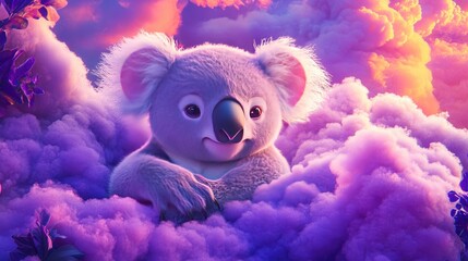Fototapeta premium Adorable 3D fairy tale koala on swirling clouds, surrounded by a vibrant paradise sky