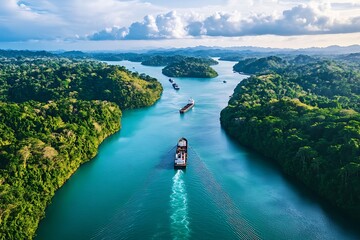 Aerial View of the Panama Canal with Cargo Ships