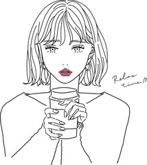 カフェでコーヒーを飲む女の子の線画イラスト