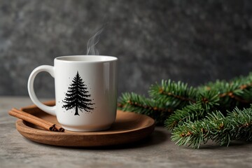 Fototapeta premium Cup of coffee and christmas tree, mug mockup with fir branches
