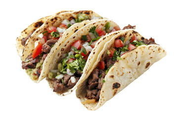 Three beef tacos with fresh toppings on flour tortillas  isolated on transparent background.. Ideal for concepts of Mexican cuisine, food photography, and culinary arts.