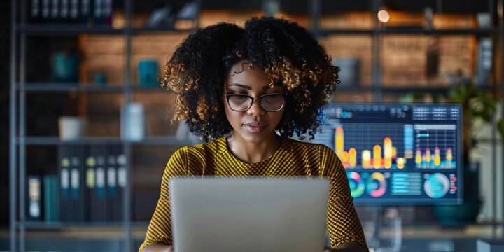 A Black woman examining financial information on computer screen in hybrid workplace for digital business performance tracking tool.