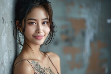 Fototapeta premium A joyful woman adorned with body art radiates beauty.