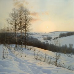 Sunset over a snowy landscape with a distant sun.