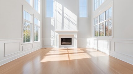 Open concept living room with a fireplace, hardwood floors, and large windows offering natural light.