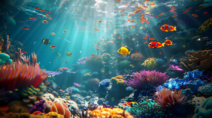 Vibrant underwater scene with colorful fish and coral reefs.