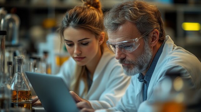 A man and a woman are looking at a laptop together