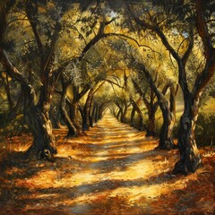 Sunlit path through an archway of trees.