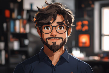 Smiling friendly cartoon character adult man male person portrait wearing blue shirt in 3d style design on light background. Human people feelings expression concept