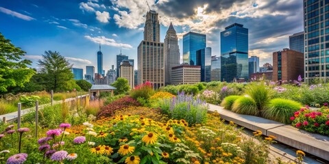 Fototapeta premium Vibrant wildflowers, lush greenery, and native trees thrive on a rooftop oasis, attracting bees, butterflies, and birds, amidst city skyscrapers' steel and concrete landscape.
