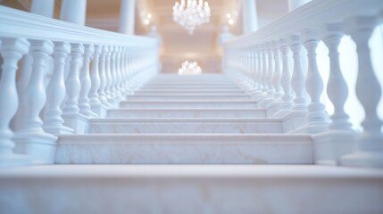 Detailed view of a grand staircase with ornate balusters, a carved handrail, and a crystal chandelier.