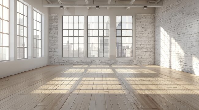 An empty room with light wood floors and a white brick wall, featuring large windows that offer a panoramic view of urban buildings in the background, bathed in natural light