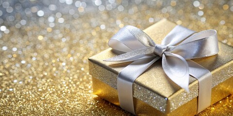 Close-up of a gift box covered in elegant gold and silver wrapping paper with a sparkling ribbon , present, celebration