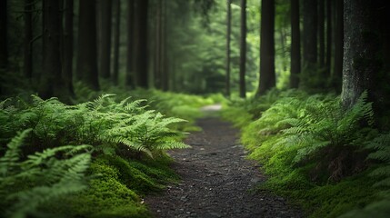 Obraz premium Sun-dappled path winds through emerald green woods