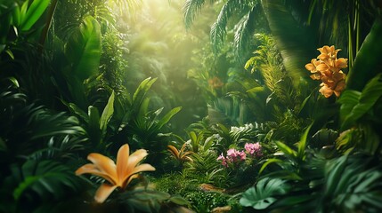 Vibrant tropical paradise with lush green foliage, exotic flowers, and warm sunlight filtering through towering trees