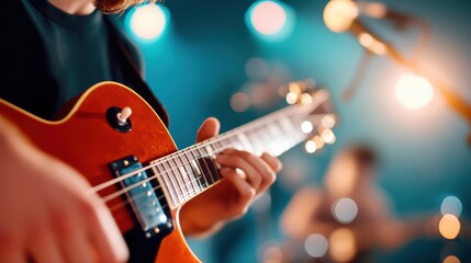 Obraz premium A team of musicians collaborating on a new song, with instruments and recording equipment set up in a studio.