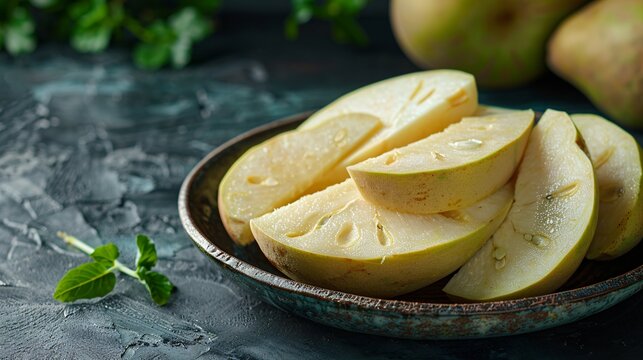 Pieces of steamed starchy fruit served on a dish against a shadowy backdrop.