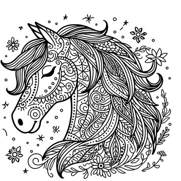 Hand drawn zentangle horse for adult coloring page, art therapy, mandala coloring pages for stress free, stress relief