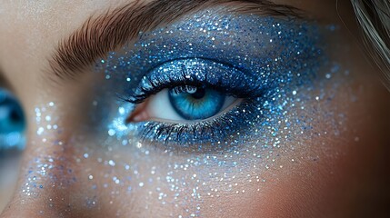 Close-up of a blue eye with sparkly blue glitter eyeshadow.