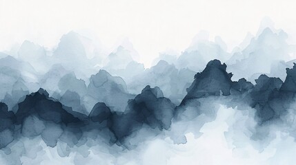 This image portrays a serene landscape of misty mountains in calming shades of blue and gray with a soft watercolor effect, inducing tranquility.