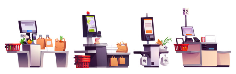 Supermarket self checkout service kiosk with screen and scanner, pos terminal for payment, food grocery in basket and bags. Cartoon vector illustration of store unmanned cash desk electronic system.
