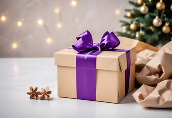 Beige gift box with purple bow, Christmas tree in background