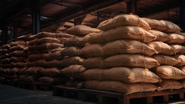 Stack hemp sacks of rice or coffee, industrial storage