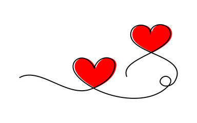 Continuous one line drawing of two heart shape with red heart spots. 