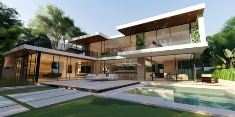 Fototapeta premium Modern Villa with Pool and Lush Greenery