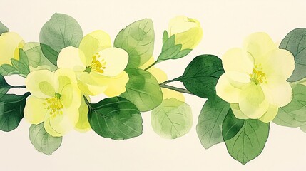 This watercolor artwork elegantly showcases blooming yellow flowers intertwined with lush green leaves, creating a refreshing and lively composition.