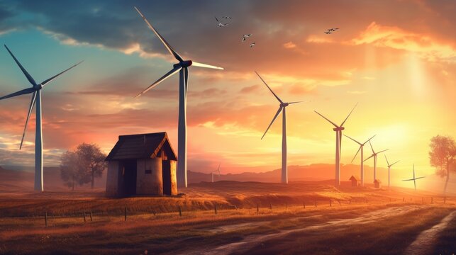 A wind farm with a small house in the middle of it