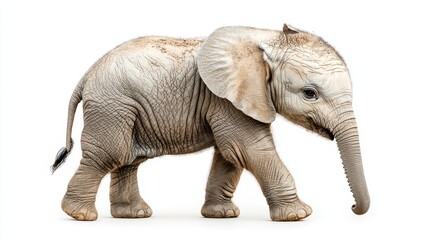 Obraz premium A baby elephant walks across a white background. Its trunk is raised slightly, and its ears are large. The elephant's skin is wrinkled and grey.