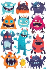 Obraz premium A group of colorful cartoon monsters with large eyes sitting or standing together, great for kid-friendly illustrations and designs