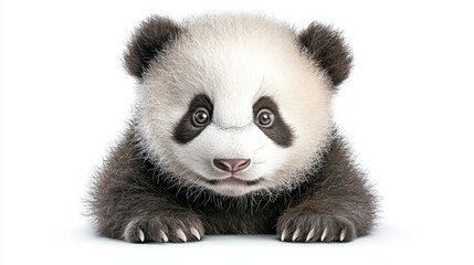 Obraz premium A cute baby panda cub with big, black eyes and a fluffy white and black coat. It's looking directly at the camera with a curious expression. The background is white.