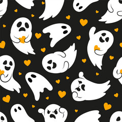 Halloween seamless pattern with cute little ghosts. White ghosts on black background. Pattern for fabric, paper, textile, card design