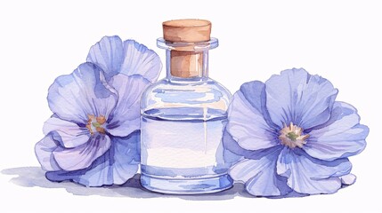 A glass bottle with a cork stopper is surrounded by delicate purple flowers on a plain background, casting a soft shadow and emphasizing natural beauty and simplicity.