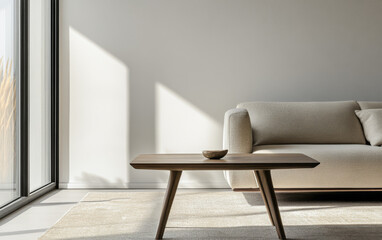 Elegant interior design composition in warm colors with luxury furniture and natural lighting creating shadows. Luxury apartment interiors with a minimalist twist.