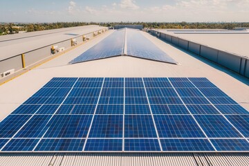 Aerial view of solar panels on industrial building rooftop under clear skies, showcasing renewable energy infrastructure and sustainability.