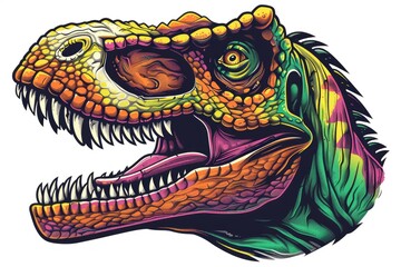 Fototapeta premium A brightly colored Tyrannosaurus Rex with its mouth agape, ready to roar