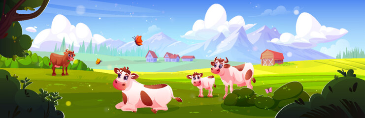 Cows grazing in summer mountain meadow. Vector cartoon illustration of farm animals with calf standing and lying on green grass, butterflies flying in air, alpine village houses and barn in field © klyaksun