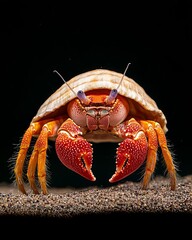 A detailed closeup of a hermit crab, showcasing the vibrant patterns on its shell and the fine hairs on its legs as it cautiously emerges to explore its surroundings