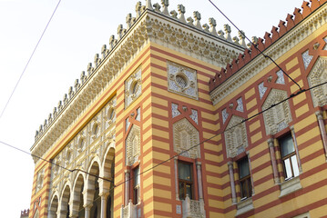 Close-up of the decoration of the upper part of the main facade of the Sarajevo City Hall. Neo-Moorish style decoration on one of the most beautiful buildings in Sarajevo, Bosnia and Herzegovina.