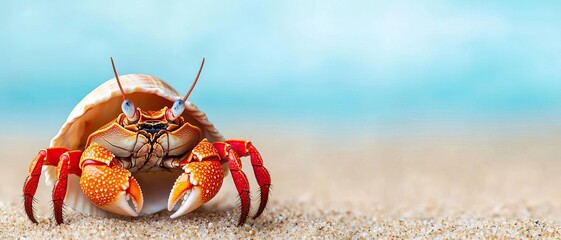 Close-up of a hermit crab emerging from a vibrant seashell, detailed textures on its claws and antennae, with a soft focus on the sandy beach background