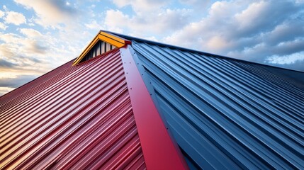 A roof with a red and blue color scheme