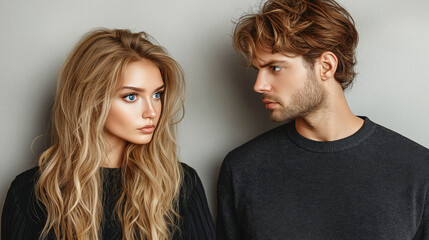 Stylish couple in matching black outfits, showcasing intense expressions and contrasting emotions against a neutral background, highlighting modern fashion and connection.
