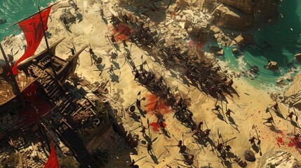 An animated depiction of a birds-eye view of an ancient battle with a realistic, gritty animation style inspired by CG 3D, using drone photography for reference