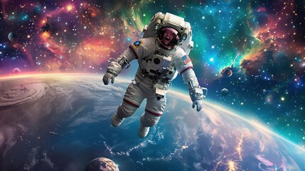 Fototapeta premium An astronaut in a space suit belly-laughing