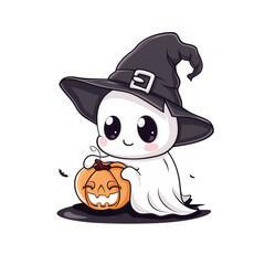 Cute Cartoon Ghost with Pumpkin and Hat, Halloween Clipart, Transparent Background