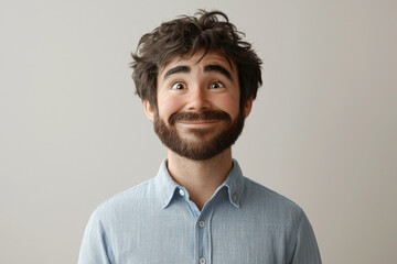 Fototapeta premium Smiling friendly cartoon character adult man male person portrait wearing blue shirt in 3d style design on light background. Human people feelings expression concept